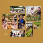 Collage ‘Behind the scenes’ van de fotoshoots, met tafelscènes buiten en binnen, Debby met een gerecht in de keuken, Debby en Emiel in een kas en een fotograaf aan het werk.